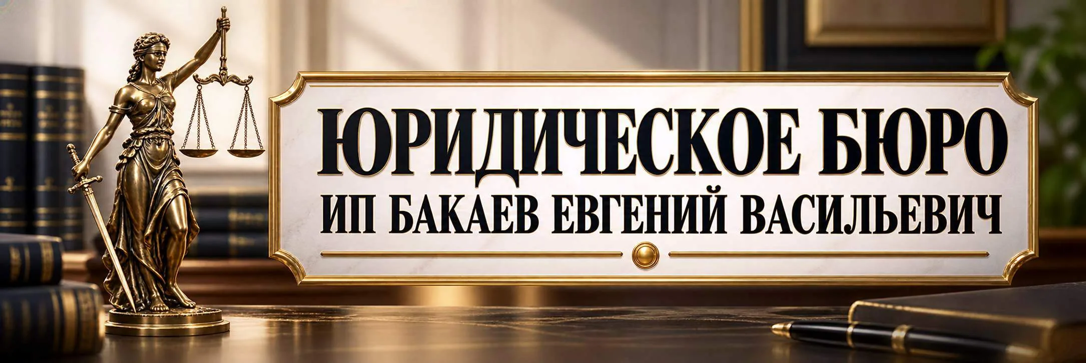Табличка «Юридическое бюро ИП Бакаев Евгений Васильевич» на столе рядом со статуэткой Фемиды